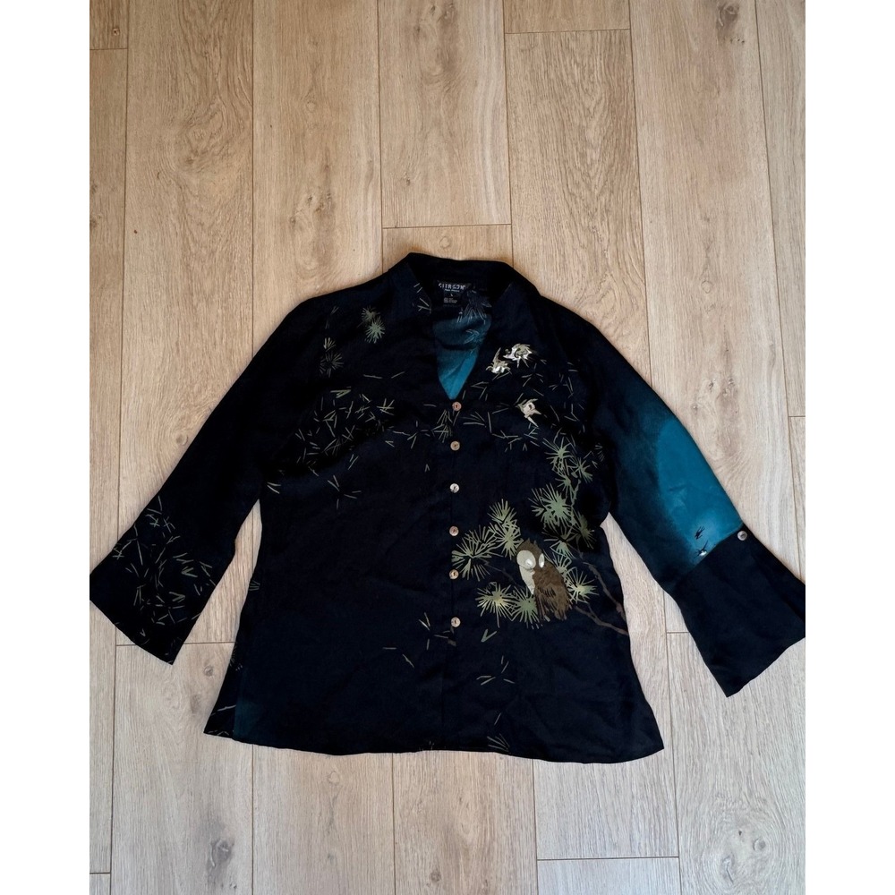CITRON Santa Monica 100% Silk Button Up Shirt Asian Bird Pine Print Black Teal L